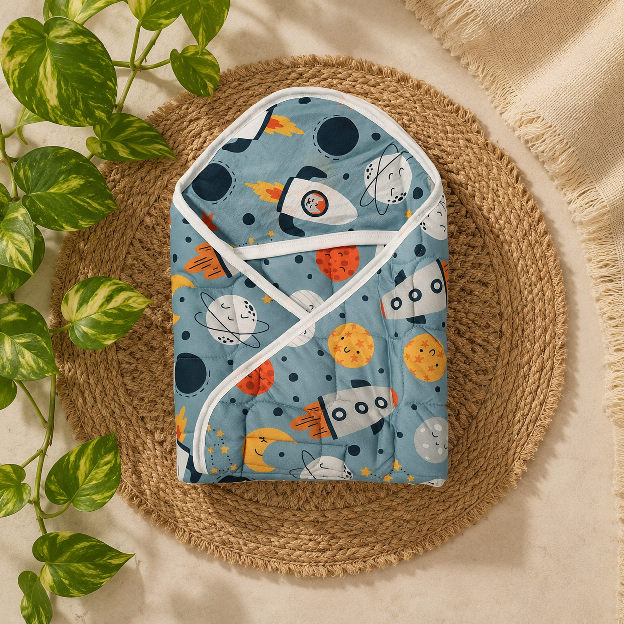Premium Soft Baby Printed Wrapper with One Small Size Dry Sheet Free-Rocket Theme